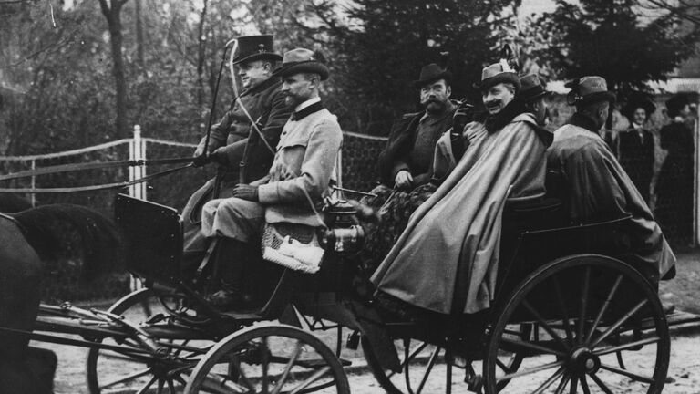 Wilhelm II of Germany (1859 - 1941) riding through the streets of Berlin with Tsar Nicholas II