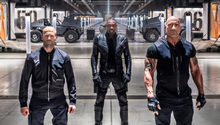 Jason Statham, Idris Elba, and Dwayne Johnson in Fast & Furious Presents: Hobbs & Shaw (2019)