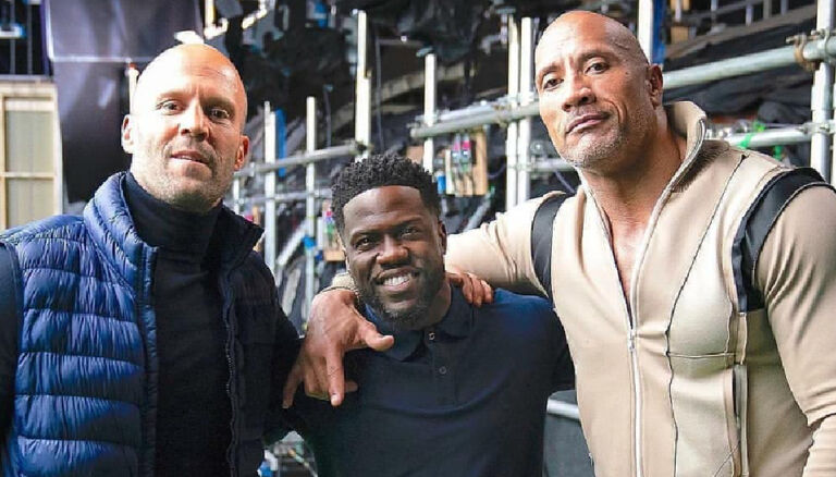 Jason Statham, Kevin Hart, and Dwayne Johnson in Fast & Furious Presents: Hobbs & Shaw (2019)