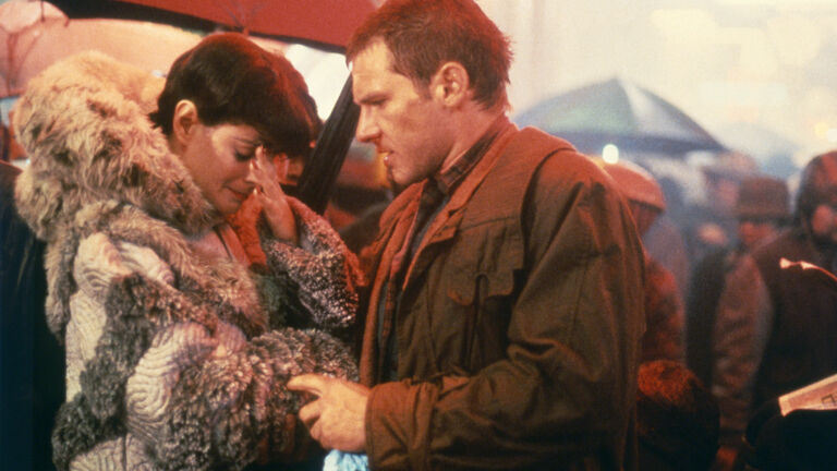 Sean Young and Harrison Ford on the set of "Blade Runner"