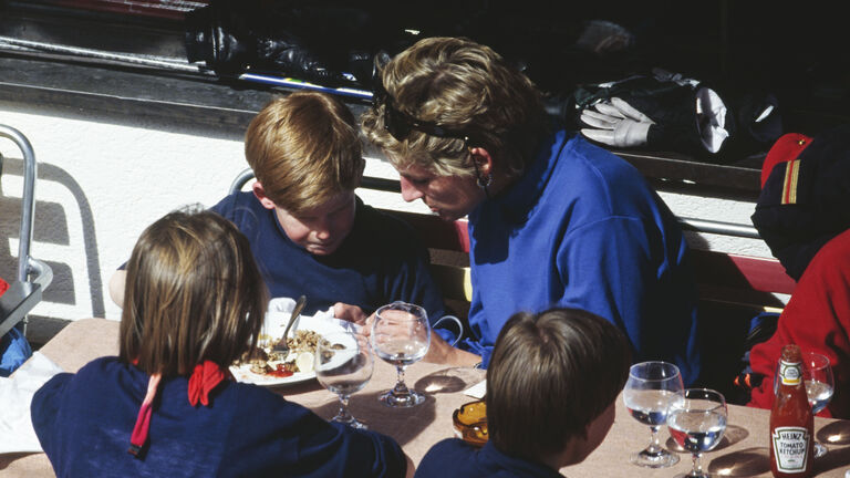 Princess Diana (1961 - 1997) having lunch with her sons Prince Harry and Prince William