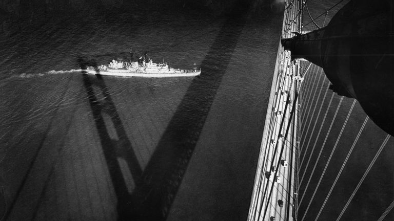 USS Oklahoma Coming Through Golden Gate Bridge