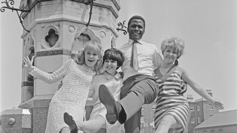 actors Judy Geeson, Adrienne Posta, Sidney Poitier and Lulu on the set of the drama film 'To Sir, With Love',