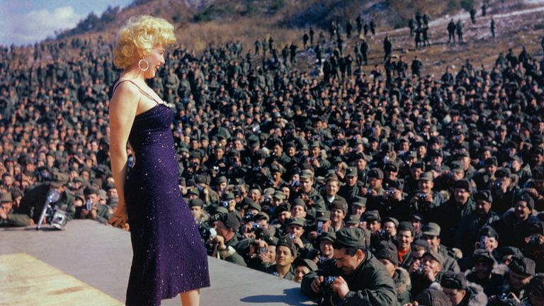 Marilyn Monroe on Stage in Front of Crowd of Troops