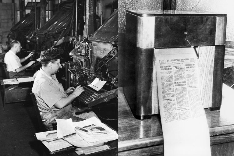 https://www.gettyimages.co.uk/detail/news-photo/row-of-linotype-operators-at-work-in-a-newspaper-office-news-photo/52076586?adppopup=true  │ https://www.gettyimages.co.uk/detail/news-photo/transmitting-a-facsimile-newspaper-circa-1950s-an-image-of-news-photo/1360190594